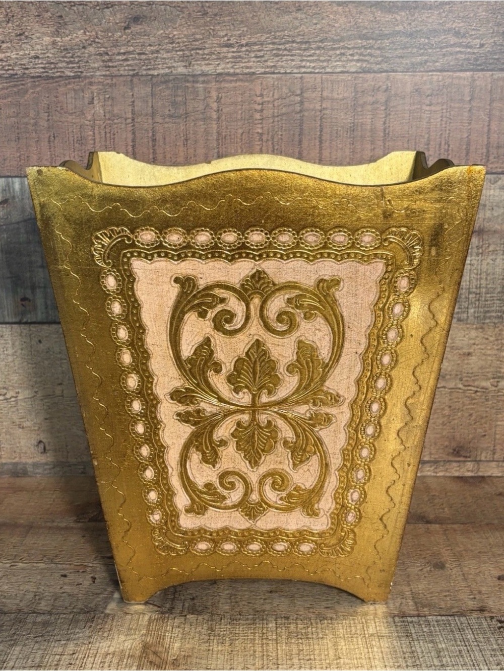 Vintage Italian Waste Paper Basket Florentine Gold Gilt Wood 11.5” Trash Bin